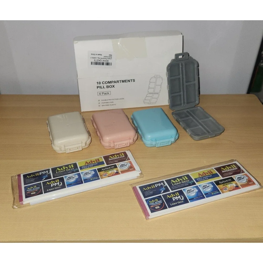 Travel‎ Pill Organizer with Multiple Labels - 10 Compartments (PACK OF 4)~NEW